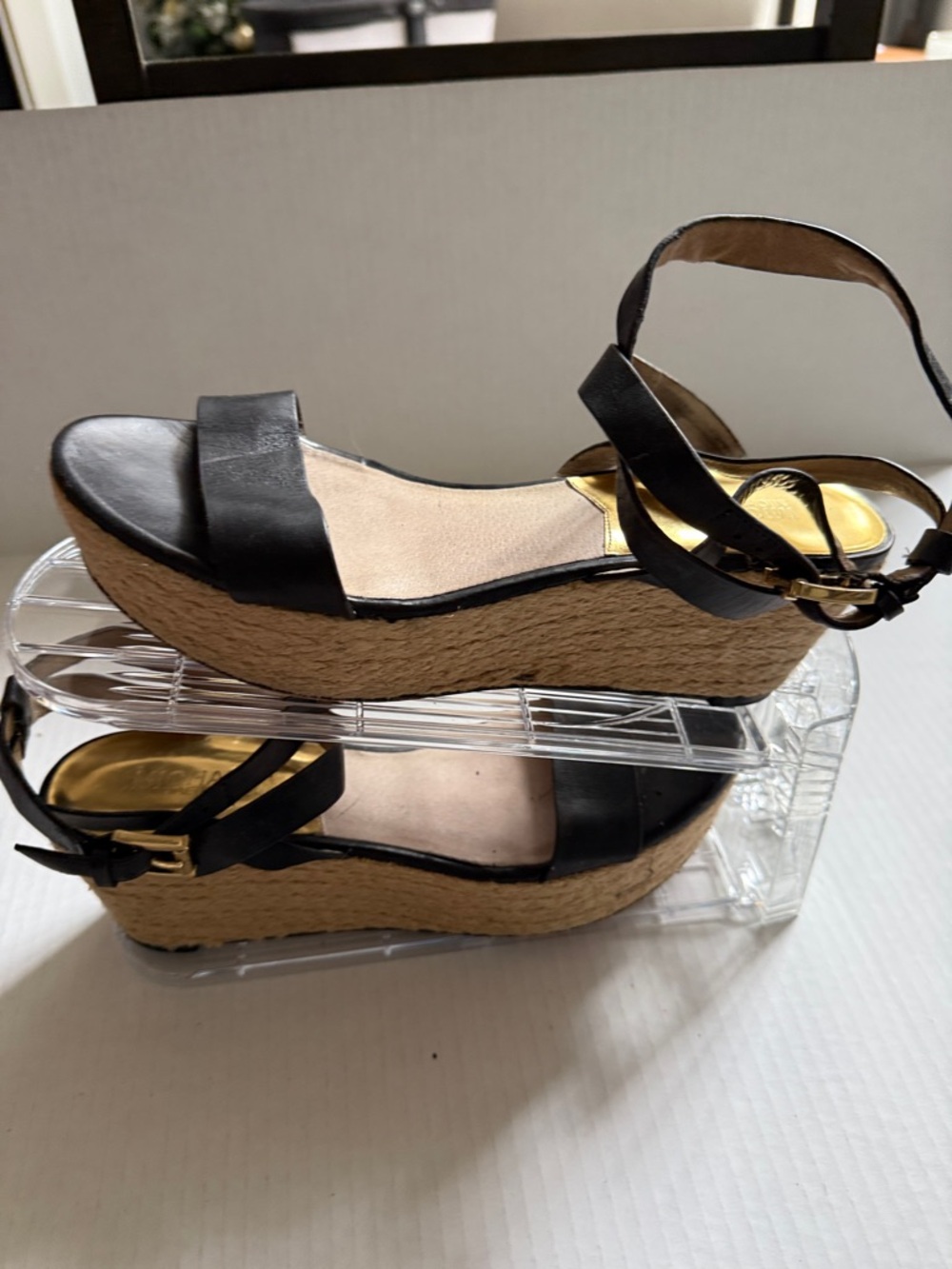MICHAEL Michael Kors Black Leather Espadrille Wedge Sandals